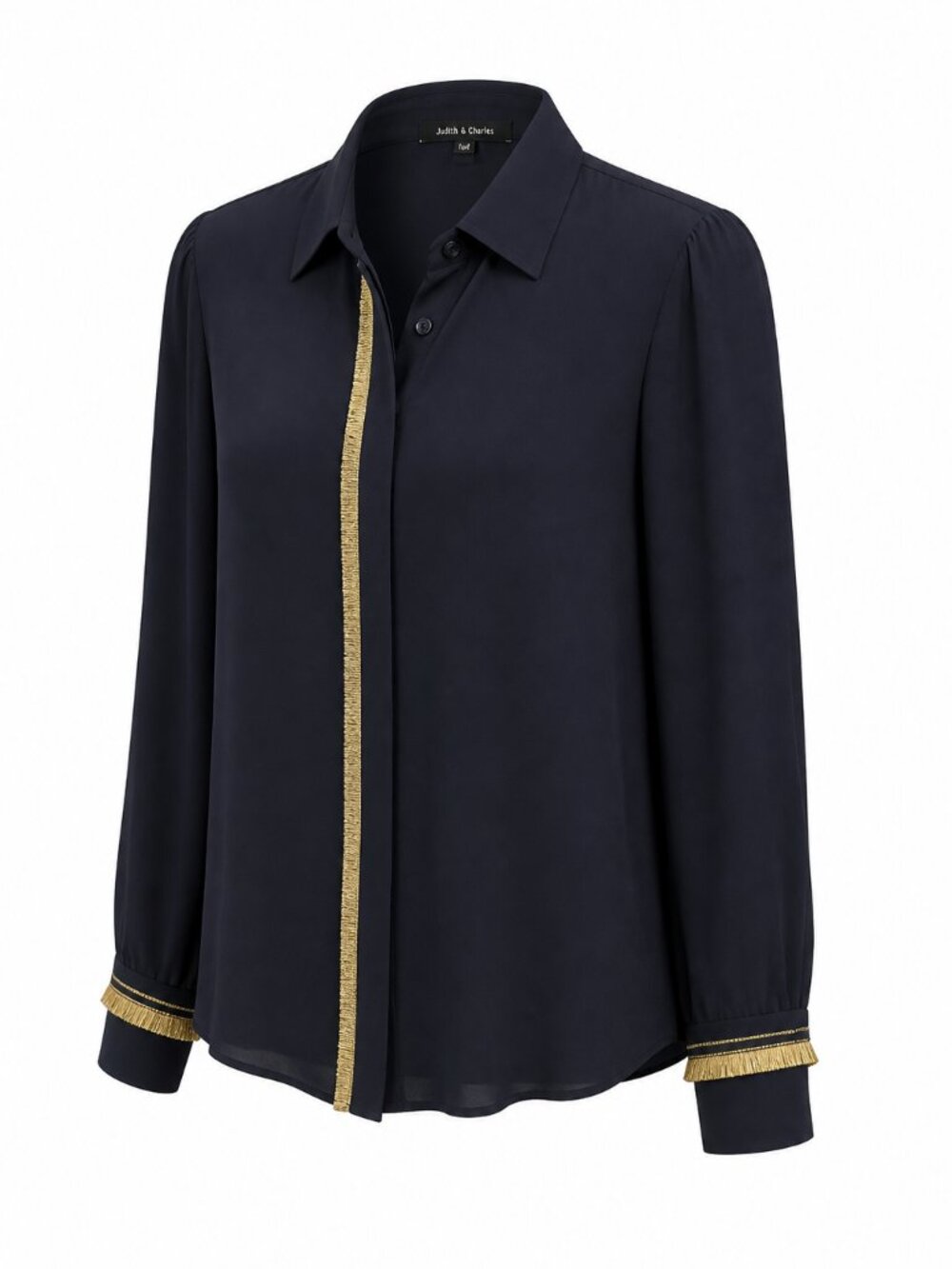 Judith & Charles Navy Silk Blouse | Feminine Button-Up with Gold Trim | Size 8